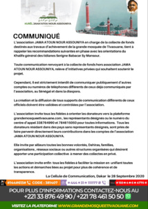 Communiqué de l’association JAMA ATOUN NOUR ASSOUNIYA du Lundi 28 Septembre 2020